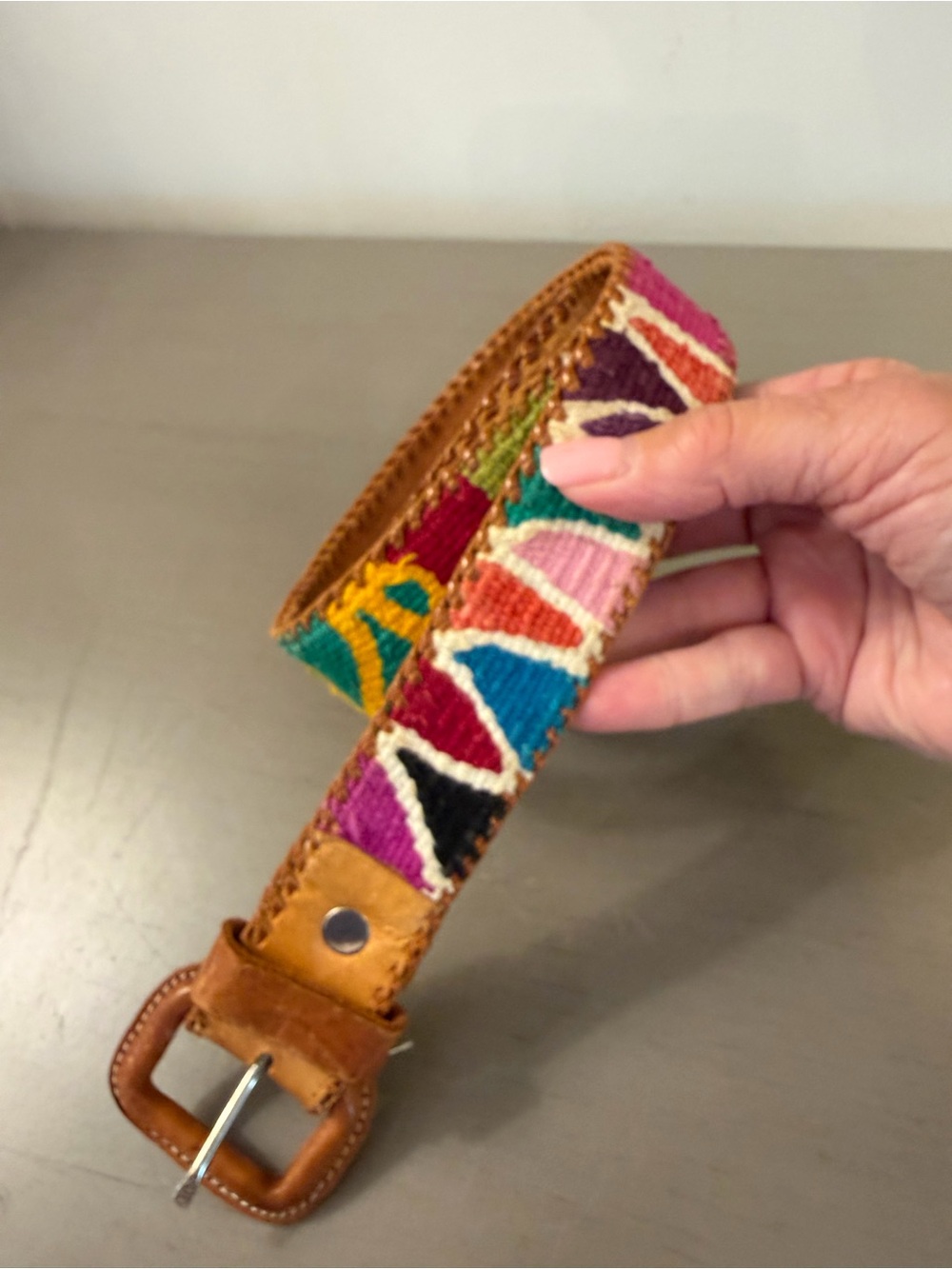 Embroidered Guatemalan Leather Belt Southwestern Multicolor Colorful 30”Woven